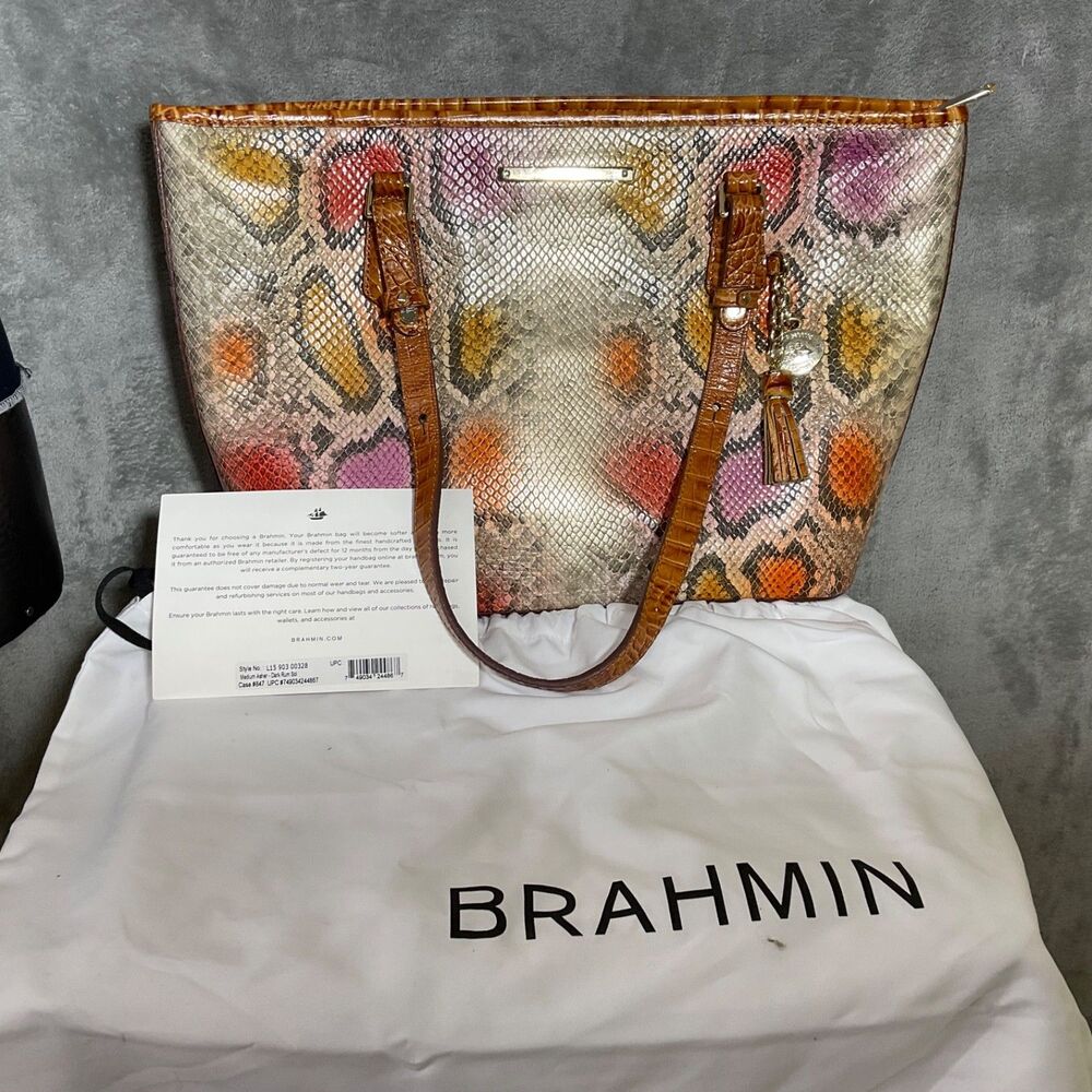 BRAHMIN Medium Asher Tote DK Rum Sol  + Dust Bag ,charm & Reg. Card snake Croc